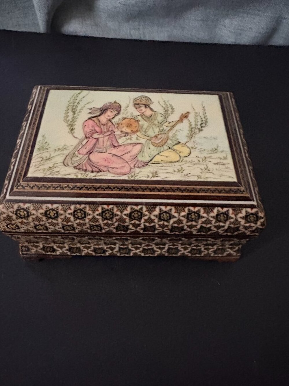 Wooden Jewelry Box Middle Eastern Musicians Intricate Goldstar Pattern 6.5"x4.5"